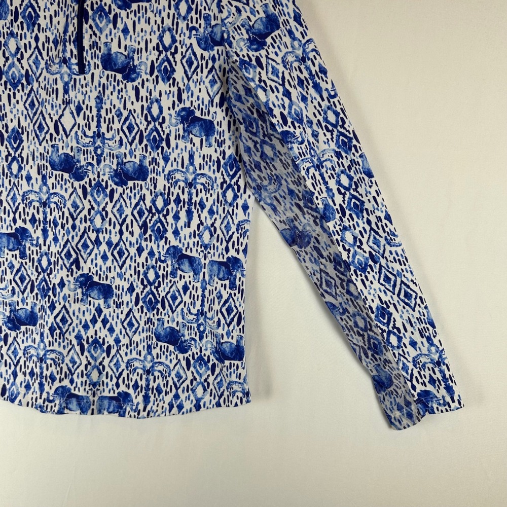 IBKUL Womens Blue White Elephant Ikat Quarter Zip Sun Shirt Mock Neck Small - Picture 9 of 10